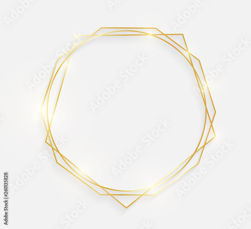 Gold shiny glowing vintage frame with shadows isolated on white background. Decorative golden luxury line border for invitation, card, sale, photo etc. Vector illustration