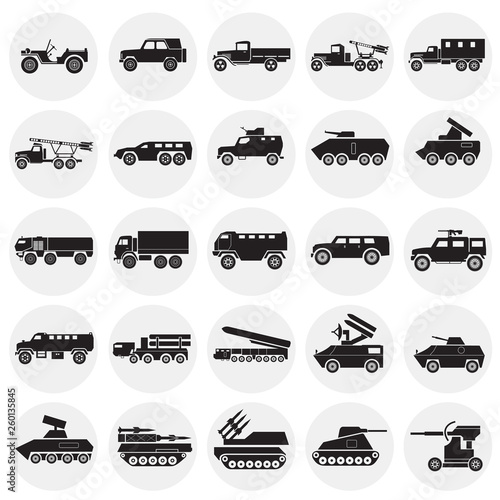 Military vehicles icons set on cirlces white background for graphic and web design. Simple vector sign. Internet concept symbol for website button or mobile app.