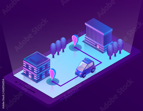 Vector 3d isometric smart car technology for smartphone, app for device. Wireless navigation for driving, travel in city, urban. Smartcar with radar in ultra violet colors