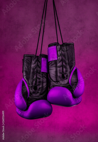 purple boxing gloves hanging on the wall, close-up.