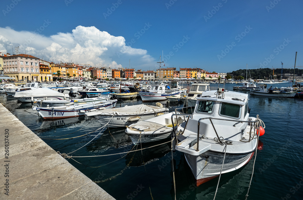 Pier in coastal town of Vrsar, Istria, Croatia. Vrsar - beautiful antique city, yachts and Adriatic Sea.