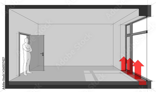 3d illustration of  empty room with door and tall french window and standing man in the opened door and floor convector for heating in front of window