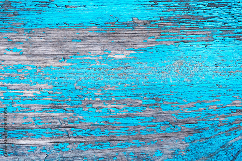 Wood texture. Blue paint retro. Ancient wooden background.