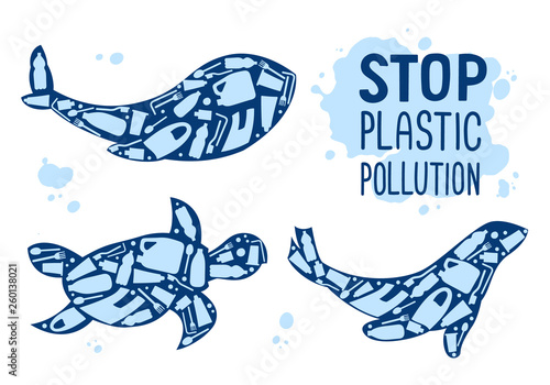 Stop plastic pollution. Whale, turtle, seal silhouette  filled by garbage. Vector