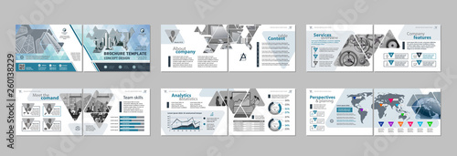 Brochure creative design. Multipurpose template with cover, back and inside pages. Trendy minimalist flat geometric design. Horizontal landscape a4 format.