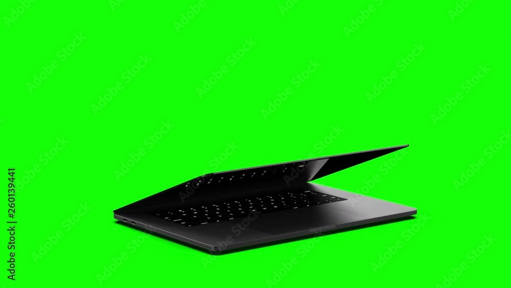 Laptop with blank screen isolated on green background. Whole in focus. 4K