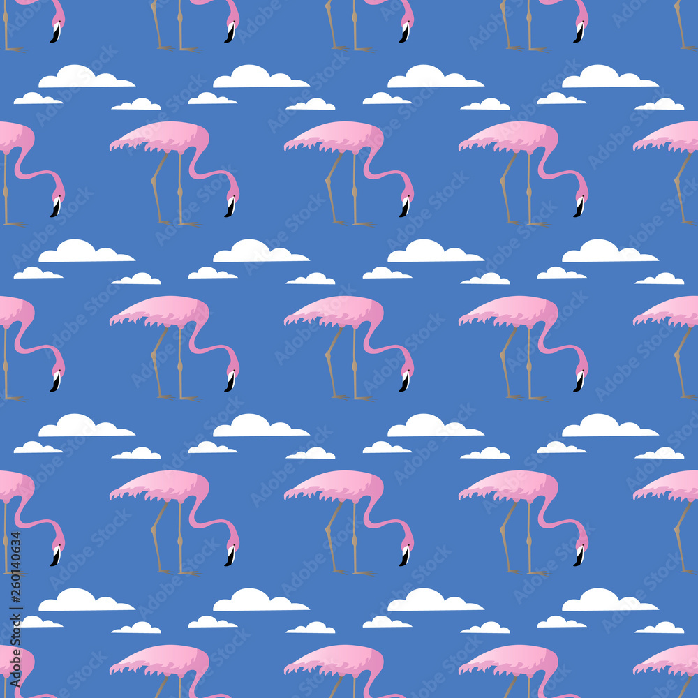 Obraz premium Seamless pattern with pink flamingos and clouds on blue background. Funny tropical illustration