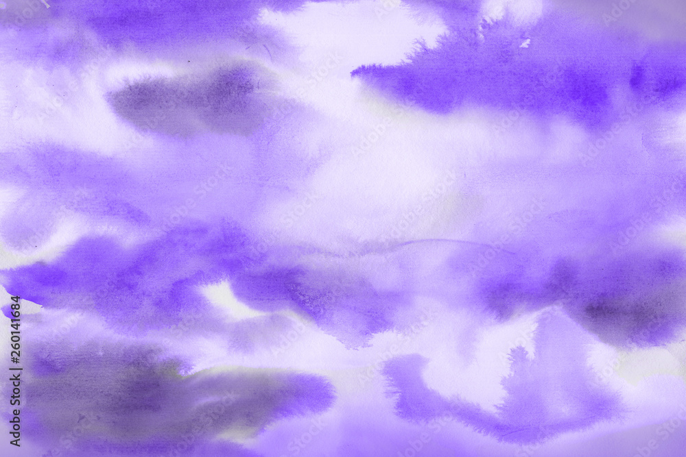 Violet watercolor abstract background with waves and strokes on white paper background. Trendy look. Chaotic abstract organic design.