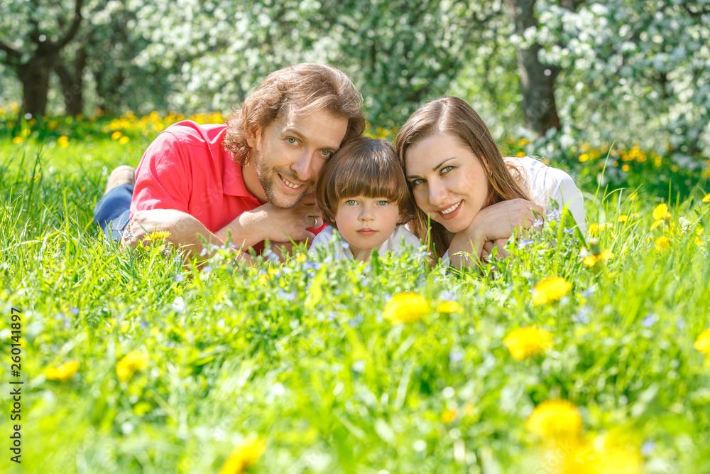 Fototapeta premium Young family lying on the grass