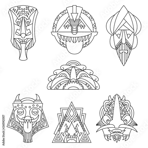 Set of native archaic masks. Pastiche. Vector