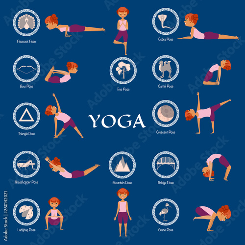 Set of yoga poses with illustrations of their names. Poster. Vector
