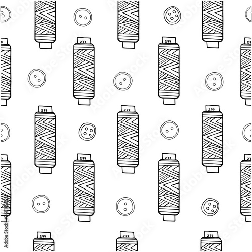 Pattern made of scissors, needles, pins, threads, mouline and pincushion