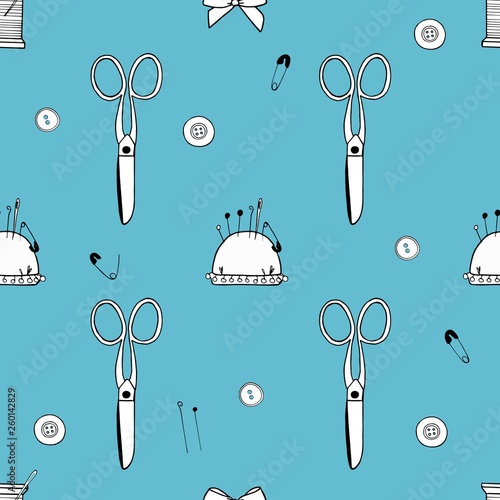 Pattern made of scissors, needles, pins, threads, mouline and pincushion