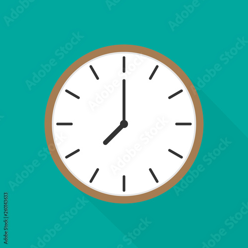 Simple illustration of clock with hour, minute and second arrows, isolated on white background, with long shadow. Can be used as icon. Vector illustration photo