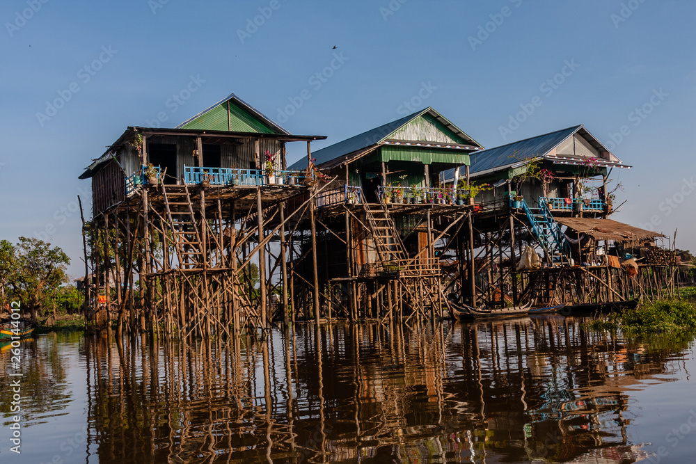 Traditional stilt houses in a fishermen village near Tonle Sap Lake, Cambodia