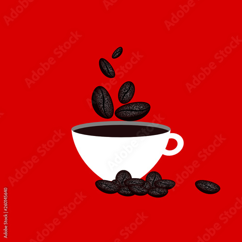 A white cup of coffee and coffee beans in red background 