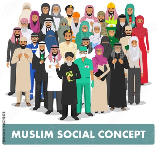 Social concept. Group muslim arabic people professions occupation standing together in different suit and traditional clothes on white background in flat style. Arab man and woman. Vector illustration