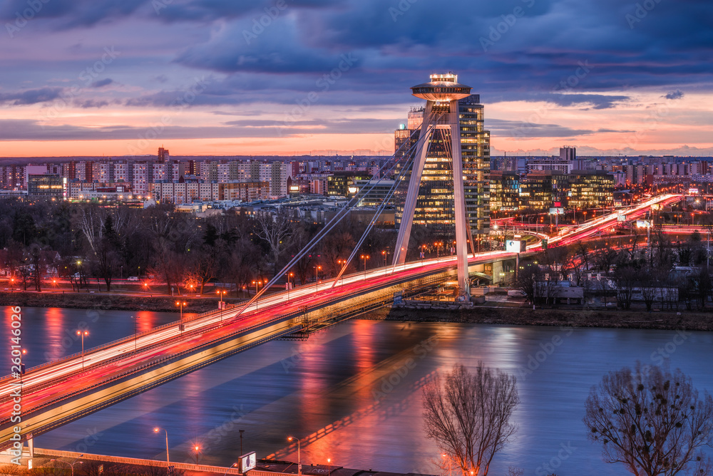 Cityscape of Bratislava, Slovakia with New Bridge over Danube River at Sunrise