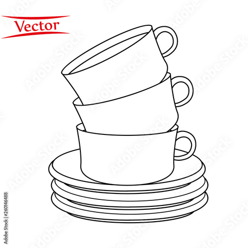 vector illustration of a stack of line coffee cups on a white background
