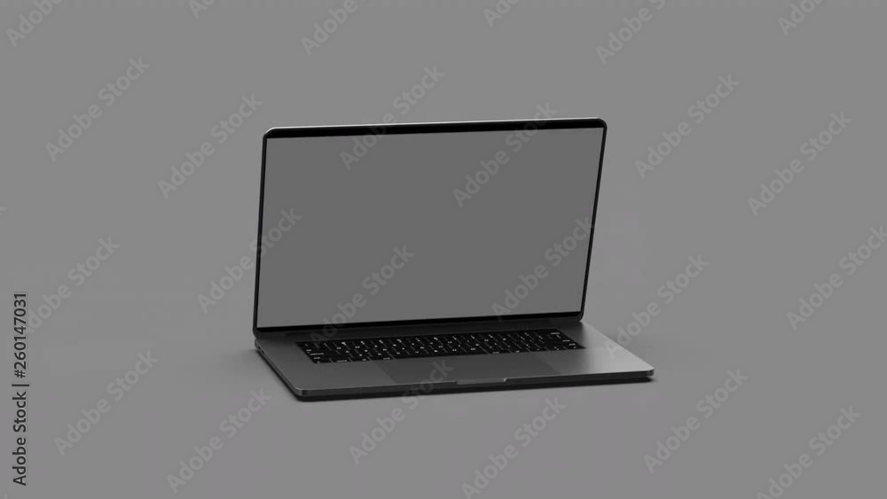 Laptop with blank screen isolated on gray background. Whole in focus. 4K
