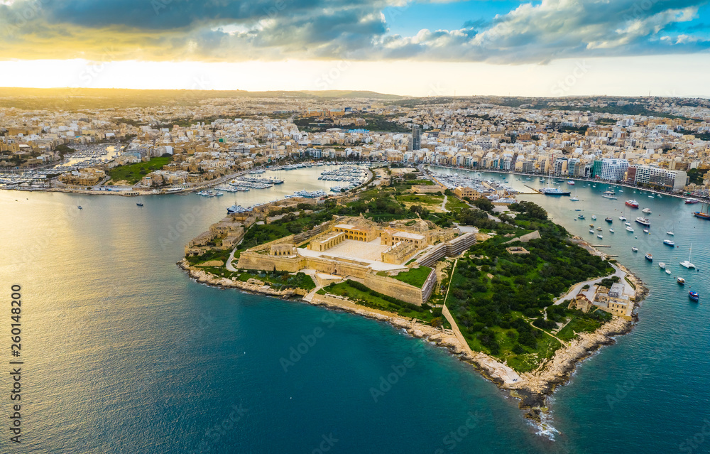 Aerial view of Fort Manoel. Manoel island, Gzira. Sunset time and clouds. Malta island