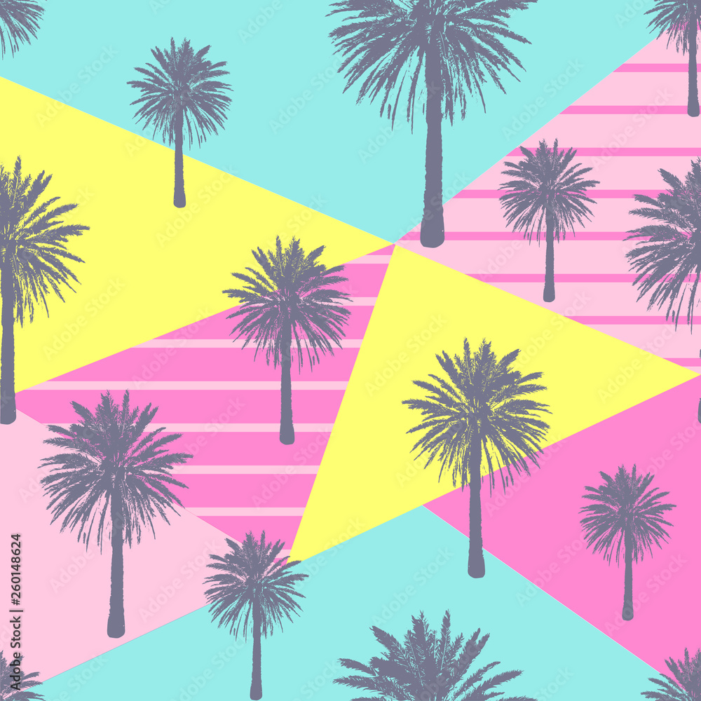 Hand drawn palm trees pattern isolated on abstract geometric background. Pop art design