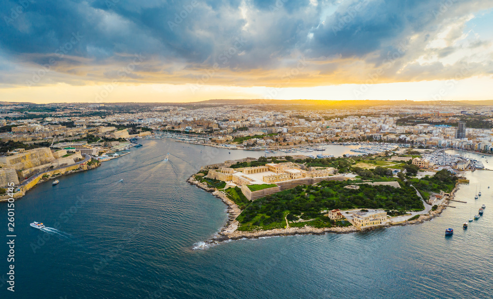 Aerial view of Manoel island, Gzira. Sunset time and clouds. Malta Island