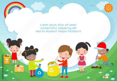 cute kids volunteers volunteers, Children collect rubbish for recycling, child plant trees, Save the World, Template for advertising brochure background Illustrator Vector 