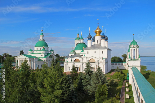 Architectural ensemble of Spaso-Yakovlevsky (St. Jacob Savior) monastery from the South-West tower in a summer day, Rostov Velikiy, Russia.