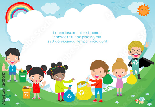 Children collect rubbish for recycling, Kids Segregating Trash, Save the World,Template for advertising brochure, Boy and girl recycling poster Vector Illustration