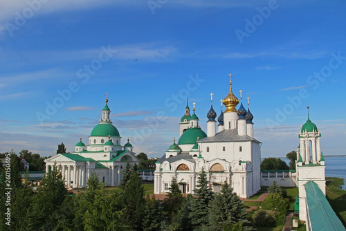 Architectural ensemble of Spaso-Yakovlevsky (St. Jacob Savior) monastery from the South-West tower in a summer day, Rostov Velikiy, Russia.