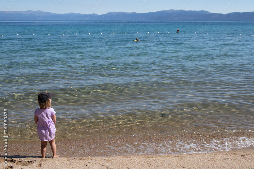Toddler Girl in a Purple Dress Standing on the Beach at Lake Tahoe