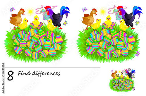 Logic puzzle game for children. Need to find 8 differences. Printable page for baby brainteaser book. Cute chicken hatched from an Easter eggs. Developing skills for counting. Vector cartoon image.