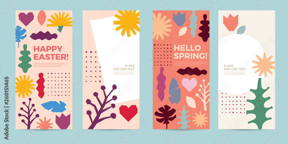 A set of greeting card with flowers and festive decor. Happy Easter. Trendy design template of leaflet cover, flayer, card, beauty salon, spa, restaurant, club.