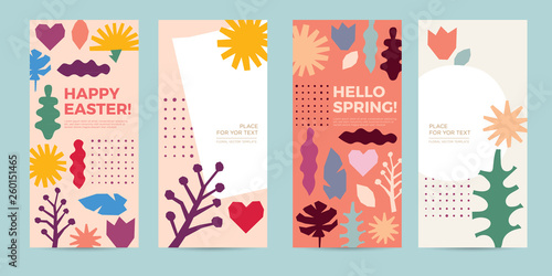 A set of greeting card with flowers and festive decor. Happy Easter. Trendy design template of leaflet cover  flayer  card  beauty salon  spa  restaurant  club.