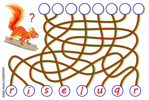 Logic puzzle game for study English. Find the correct places for letters, write them in relevant circles and read the word. Printable worksheet for textbook. Back to school. Vector cartoon image.