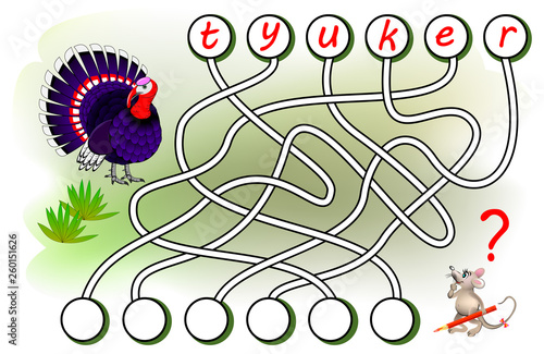 Logic puzzle game for study English. Find the correct places for letters, write them in relevant circles and read the word. Printable worksheet for textbook. Back to school. Vector cartoon image.
