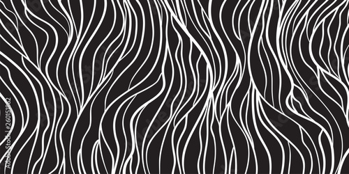 Wavy background. Hand drawn waves. Stripe texture with many lines. Waved pattern. Line art. Black and white illustration