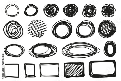 Hand drawn geometric shapes on isolated white background. Abstract symbols. Wavy tangled backdrops. Elements for posters and flyers. Black and white illustration