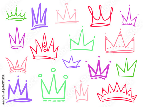 Set of colored crowns on white. Signs for design. Hand drawn simple objects. Line art. Colorful illustration. Sketchy elements for posters and flyers