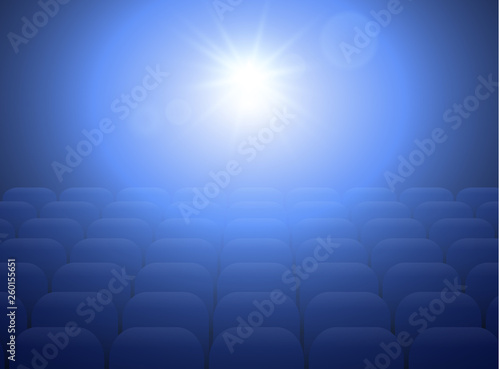 Empty movie theater with projection light falling into the lens and empty seats. Vector Illustration