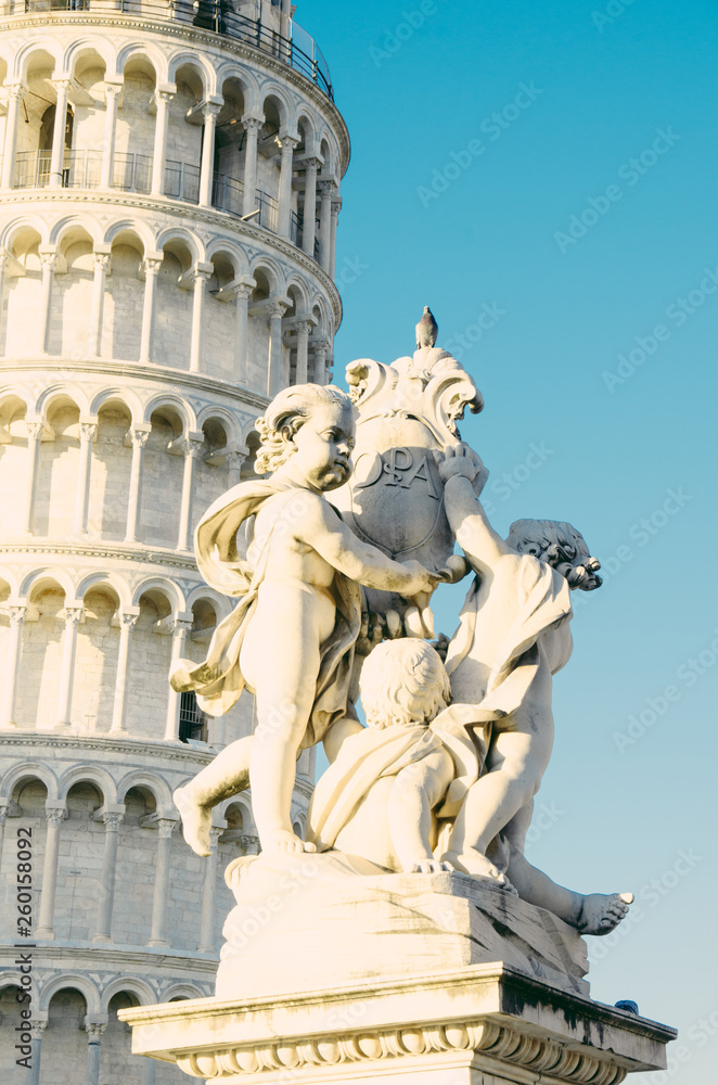 Fontana dei Putti and Leaning Tower of Pisa