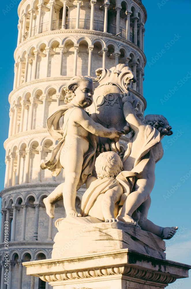 Fontana dei Putti and Leaning Tower of Pisa