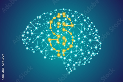gold dollar money icon sign on polygonal low poly plexus human brain background, Internet artificial intelligence trade concept, stock vector illustration clip art