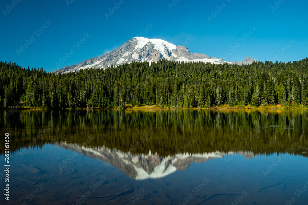 Mount Rainier and Pine Trees Reflect in Blue Lake Mount Rainier and Pine Trees Reflect in Blue Lake