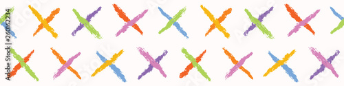 Hand painted rainbow crayon cross seamless border pattern. Bright vector illustration. Criss crossed ribbon trim edging design. Colorful equality fashion banner. Spectrum kid washi tape decor band.
