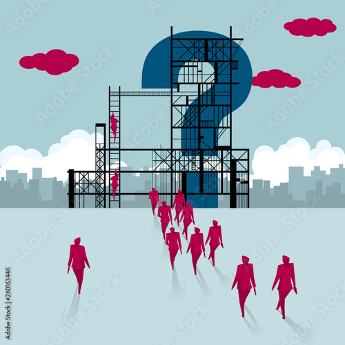 Construction question mark.A group of businessmen walked to the building site.	