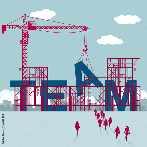 Construction team.A group of businessmen walked to the building site.	