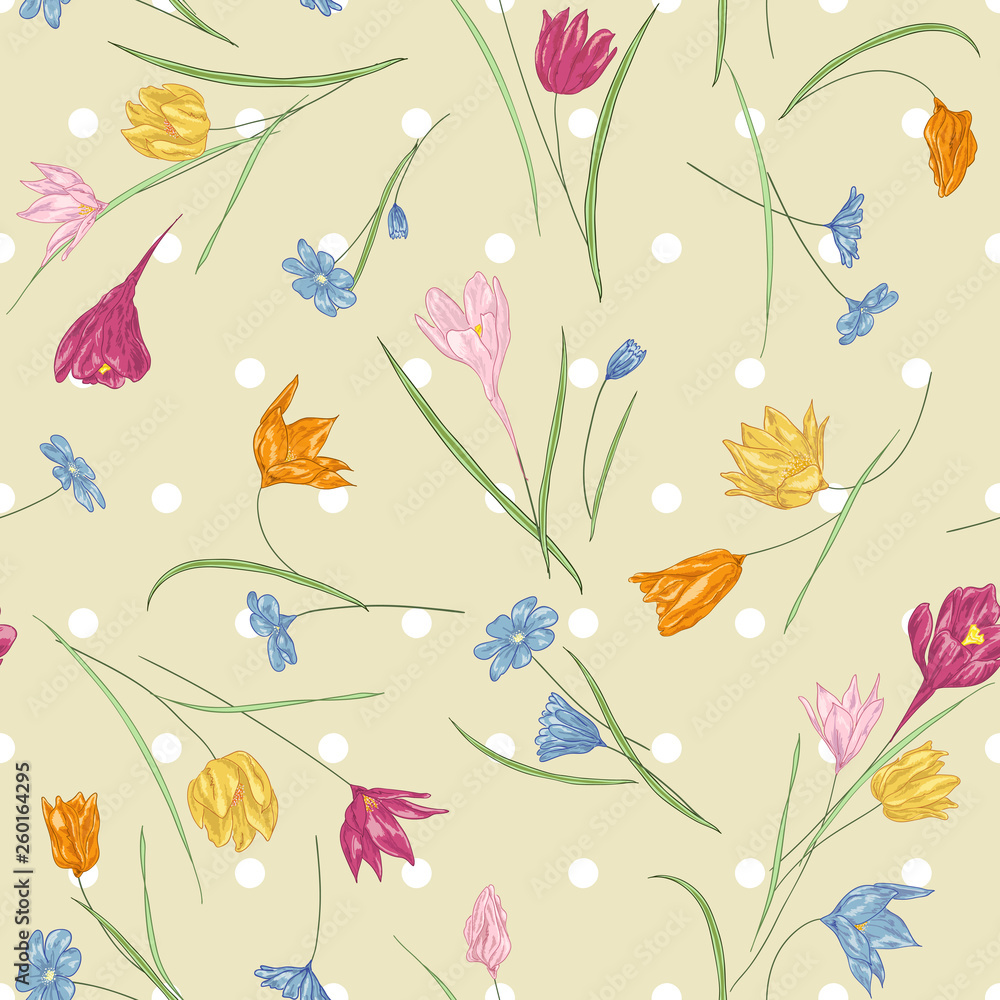 Seamless vector floral pattern with hand drawn abstract spring flowers in soft pastel colors on polka dot background. Colorful endless print