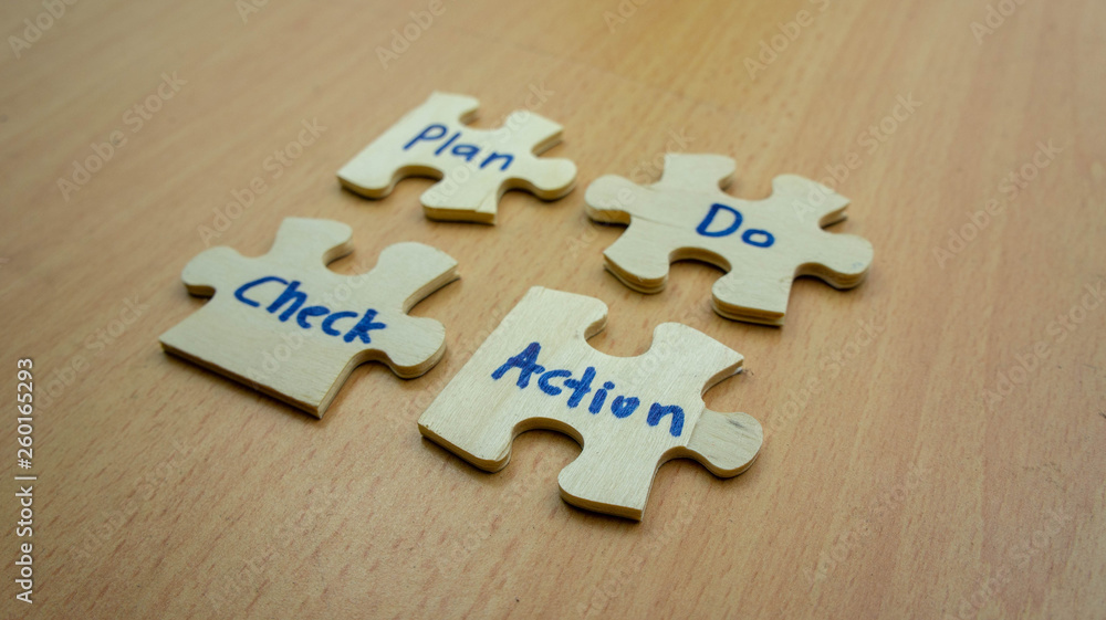 Obraz premium Wooden jigsaw puzzle with text Plan,Do,Check,Action (PDCA Cycle). Quality improvement in business concept.